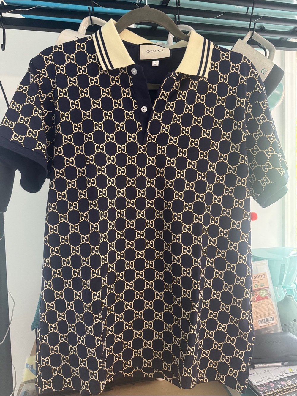 Gucci Navy Polo with Beige GG Monogram Pattern
